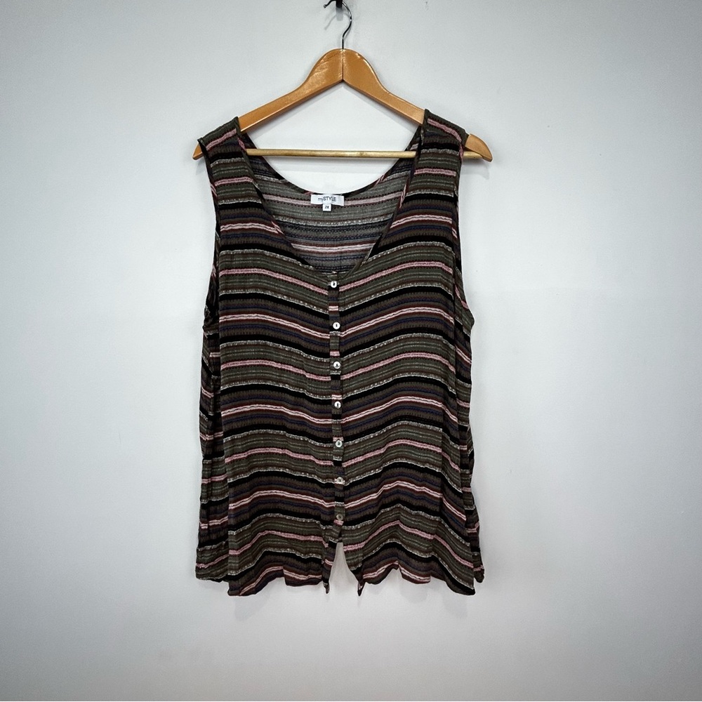My Style Striped Button Front Tank Plus Size 2X